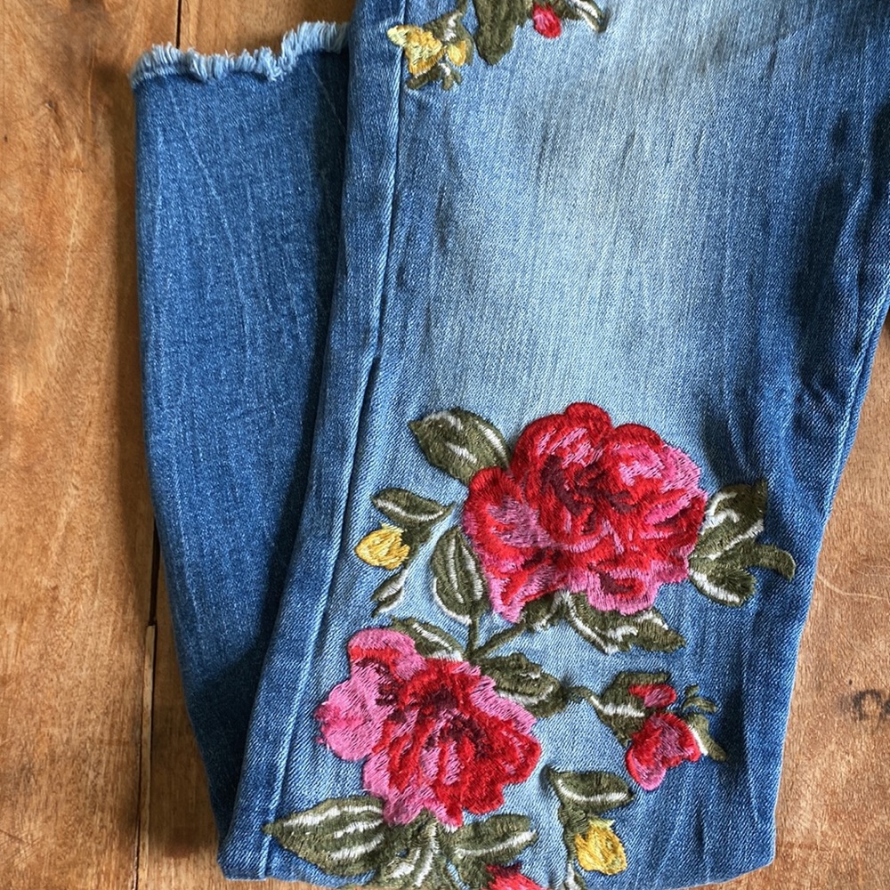 INC International Concepts Blue Skinny Jeans with Red & Pink Floral Embroidery - Picture 4 of 16